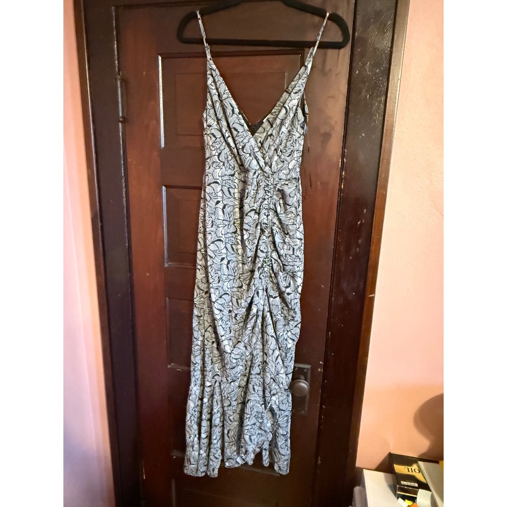 ASTR The Label Black White Floral Metallic Ruched V-Neck Maxi Dress XS